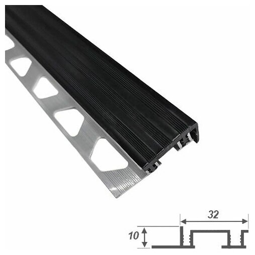 Алюминиевый профиль противоскользящий с угловой резиновой вставкой, закладной, черный