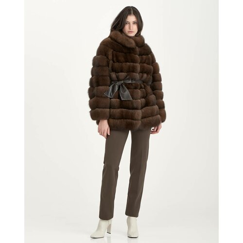 фото Пальто , соболь, силуэт прямой, пояс/ремень, размер 42, коричневый jun