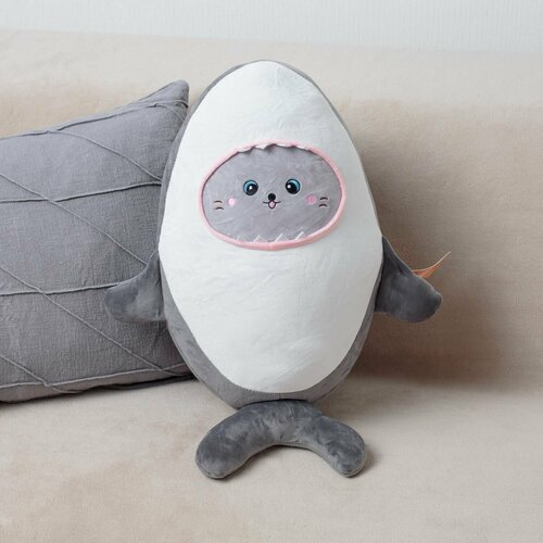 Мягкая игрушка подушка Кот в костюме Акулы для девочек и мальчиков, серый 48 см