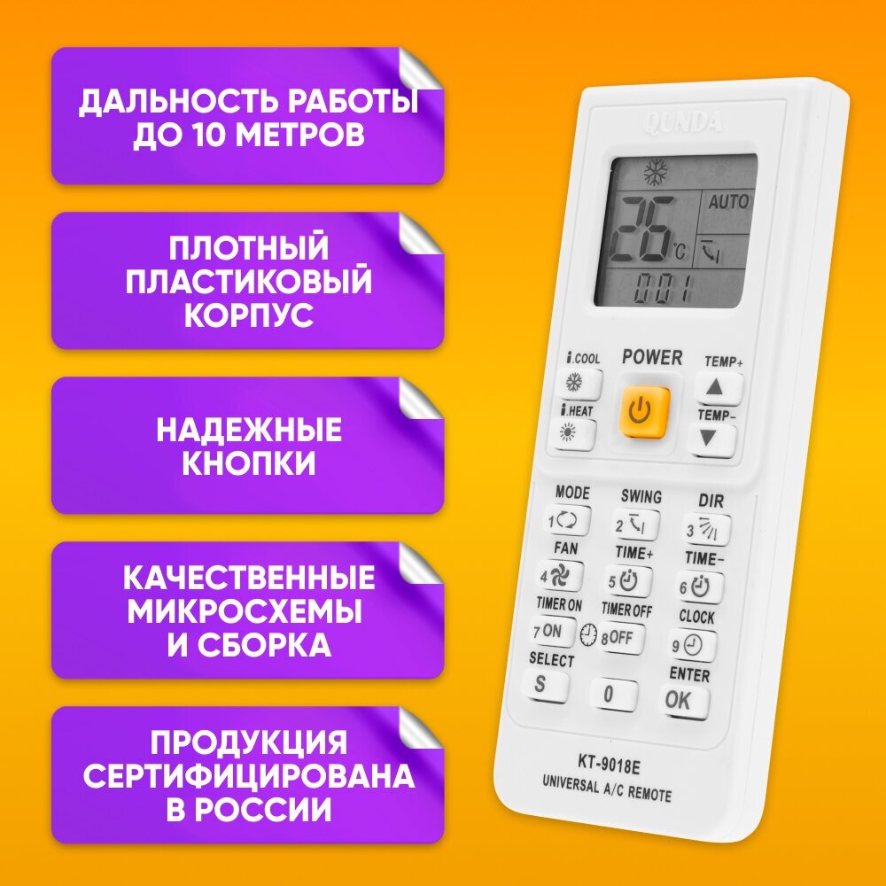 Пульт ДУ для кондиционера универсальный KT-9018E для Samsung, Haier, LG, Electrolux