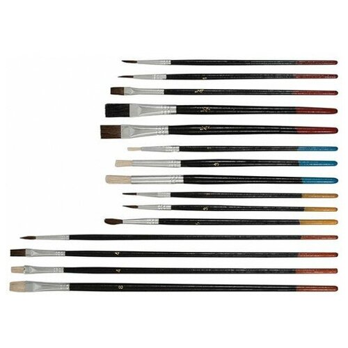 фото Кисти художественные, натуральная щетина, деревянная ручка, плоские и круглые, набор 15 шт. 01535 fit