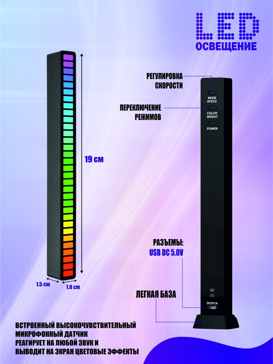 Светодиодная подсветка RGB D09 эквалайзер для музыки черный - фотография № 3