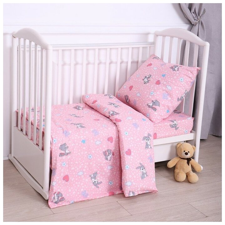 Постельное бельё BABY Зайки серые бело-розовый 112х147см 110х150см 60х60см бязь 120г/м  хлопок 100%