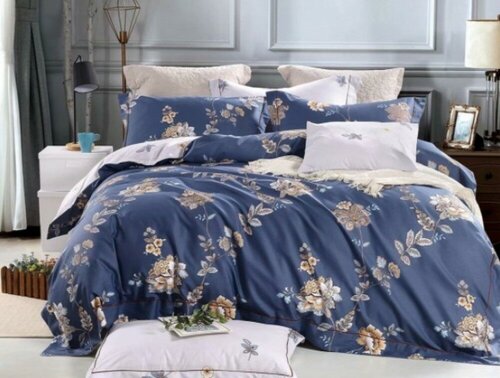 2 спальное постельное белье премиум сатин двустороннее синее с листьями