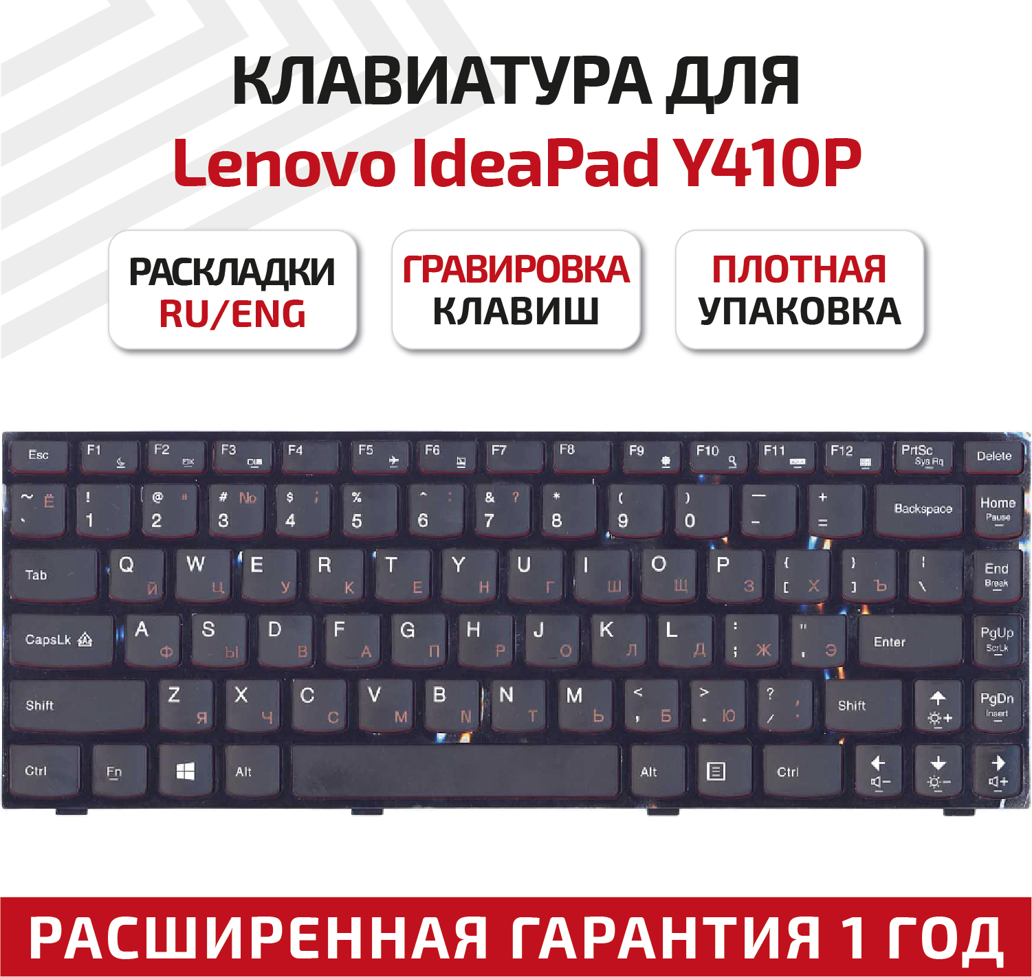 Клавиатура (keyboard) 25205514 для ноутбука Lenovo IdeaPad Y400, Y400N, Y410P, Y430P, черная