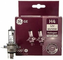 Лампа GENERAL ELECTRIC H4 12V-60/55W P43t (+60% света) Megalight Plus, комплект 2 шт, 91618 (50440MPU)