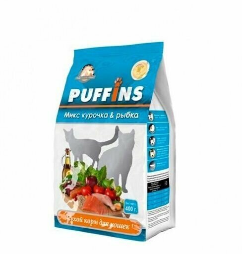 "Puffins" сухой корм для кошек Курочка и рыбка 400гр