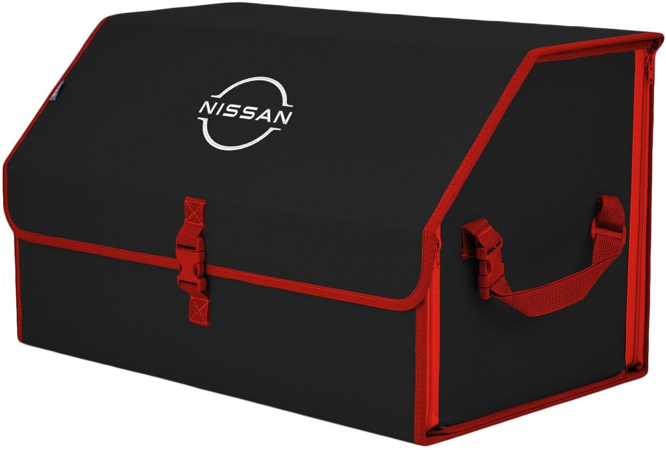 Органайзер-саквояж в багажник "Союз" (размер XL). Цвет: черный с красной окантовкой и вышивкой Nissan (Ниссан).