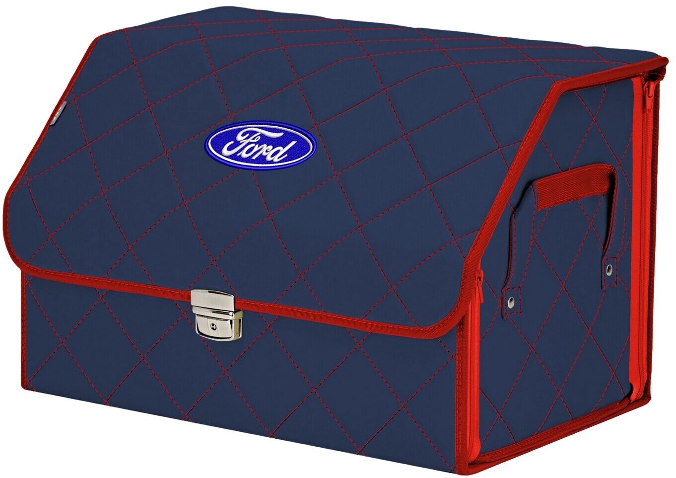 Органайзер-саквояж в багажник "Союз Премиум" (размер L). Цвет: синий с красной прострочкой Ромб и вышивкой Ford (Форд).