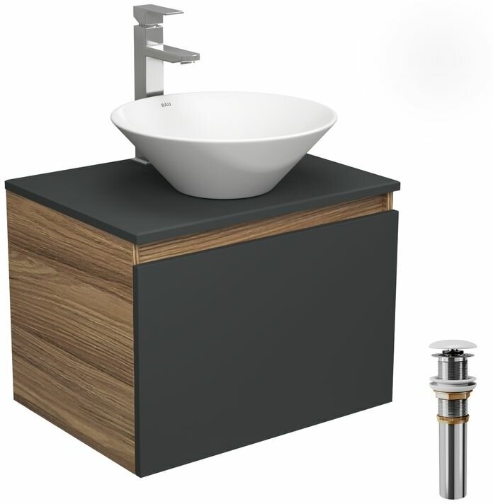 Комплект для ванной, 4 предмета (тумба Bau 60, графит + раковина BAU Dream D43 + смеситель Hotel Still, выпуск клик-клак, белый)
