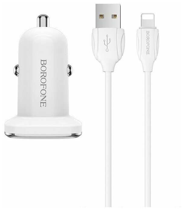 Автомобильное зарядное устройство (АЗУ) Borofone BZ12 (2 USB) + кабель Lightning, 2.4 А, белый