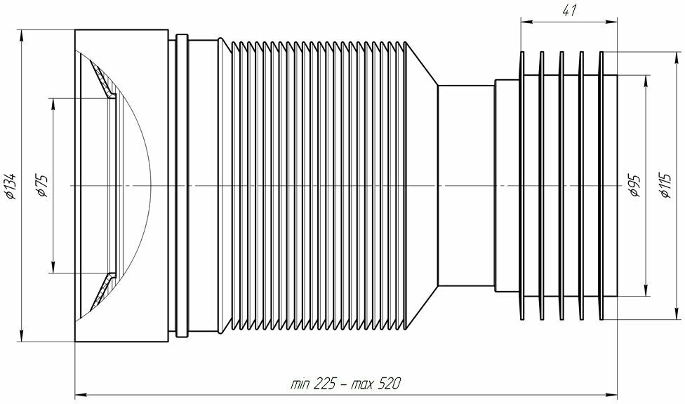 Гофра для унитаза АНИ пласт K828, L 225-520 мм для подключения к пластиковым и чугунным канализационным трубам