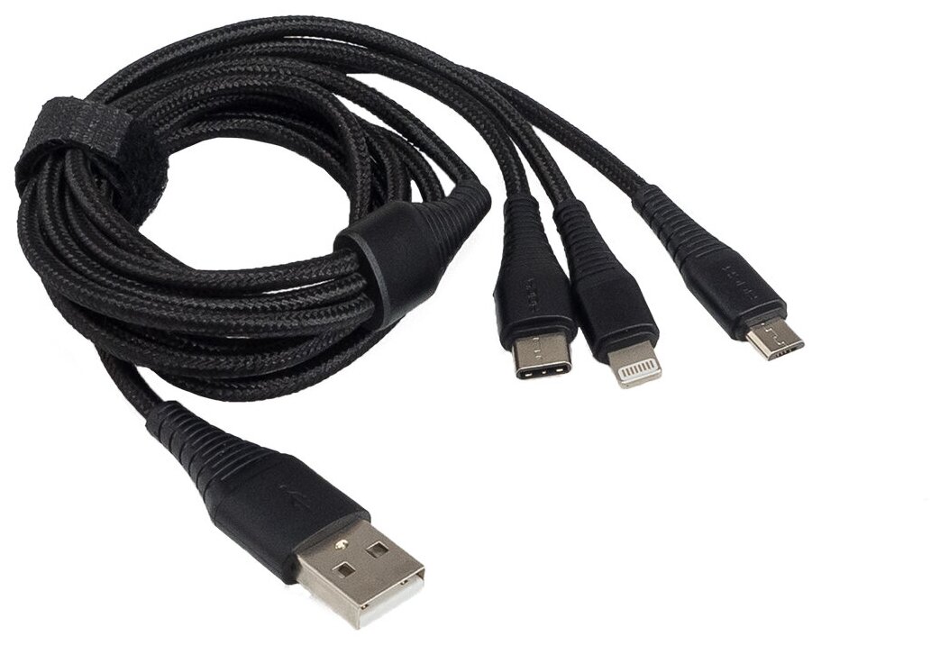 Зарядный кабель AurA TPC-U31B (USB > Lightning/MicroUSB/Type C, чёрный, 1,2 метра)