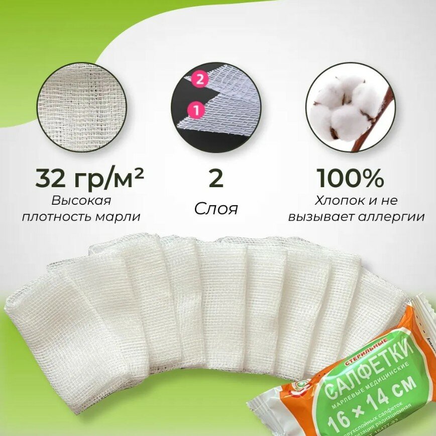 Картинки Салфетка марлевая стерильная комплект 10 упаковок по 10 шт, 2 слоя, 16х14 см, плотность 32 (±2) г/м2 "ПКФ ВераМед"