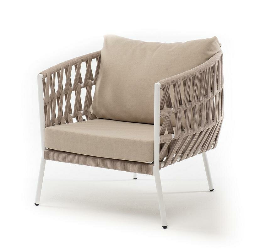 Кресло 4SIS  Диего  кресло плетеное из роупа  каркас алюминий светло серый  RAL7035  шагрень  роуп бежевый круглый  ткань бежевая 052 арт  DIE A 001 RAL7035 SH beige beige052  OLD