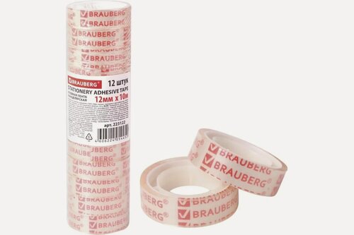 Изображение товара BRAUBERG клейкая канцелярская лента прозрачная 12 мм x 10 м, упаковка 12 шт для бумаг
