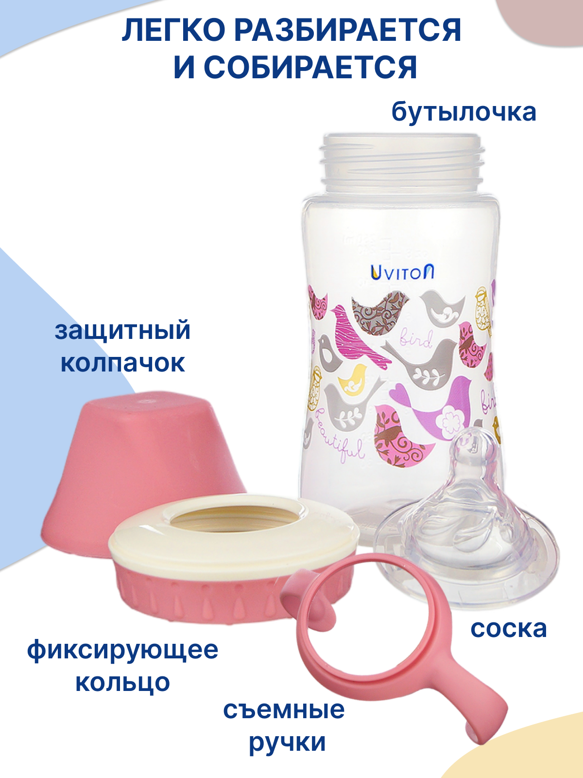 Изображение Бутылочка для новорожденных с широким горлышком и ручками 250 мл, 0+ мес.