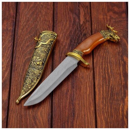 фото Сувенирный нож, рукоять под дерево с головой лося, ножны расписные, 6х32 см 2880672 сима-ленд