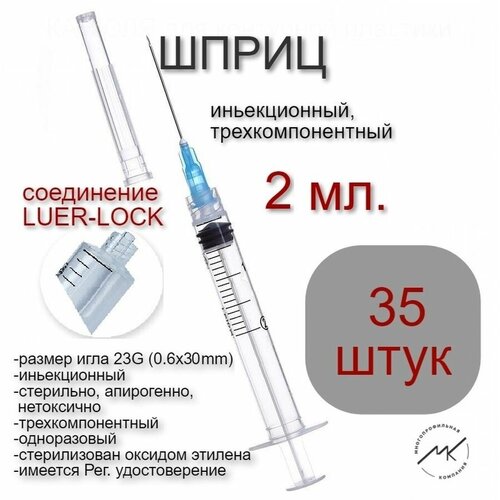 Шприц 3-х компонентный 2 мл. LUER-LOCK/луер ЛОК