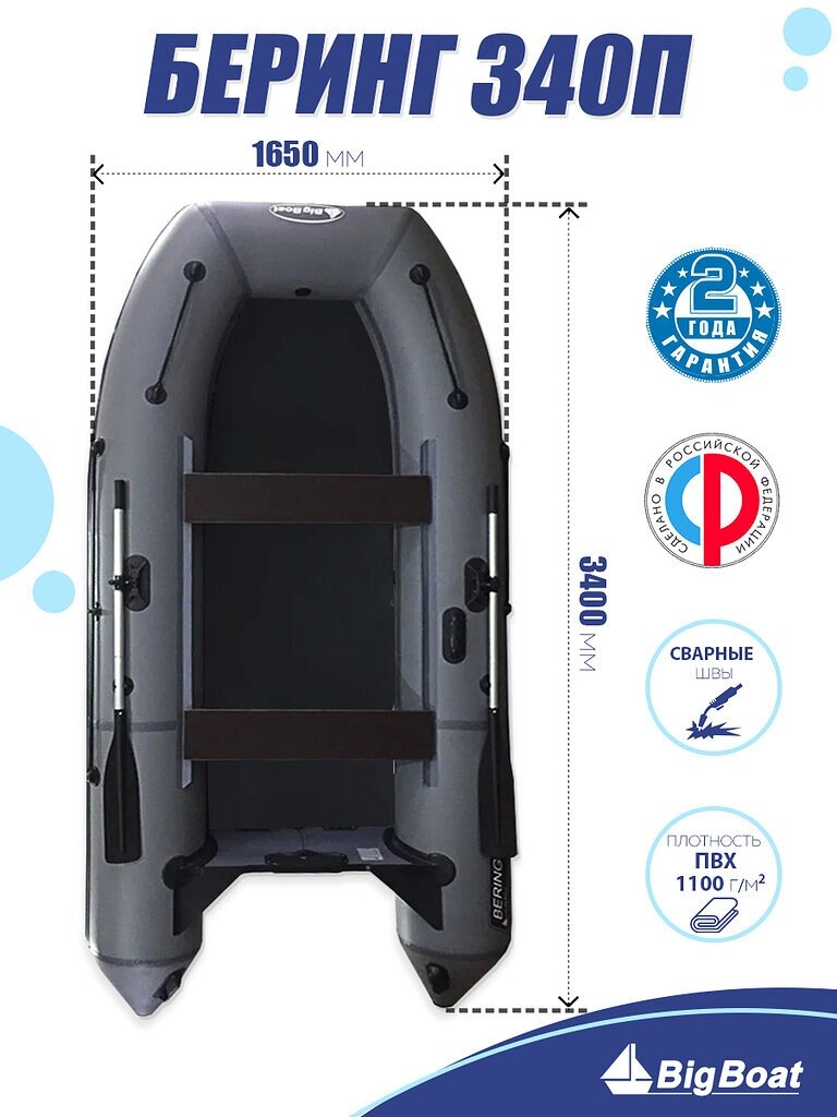 Надувная, под мотор, килевая лодка из ПВХ для рыбалки Bering (Беринг) 340П