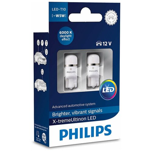 фото Лампа автомобильная philips x-tremevision t10w (w2.1x9.5d) led 6000k (бл. 2шт) 12v, 127996000kx2