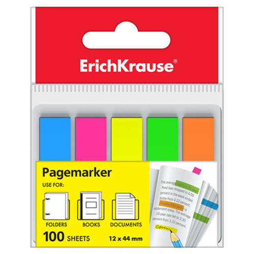 Клейкие закладки пластиковые Erich Krause Neon, 5 цветов неон по 20л., 44х12мм, в пластиковой книжке (31177)