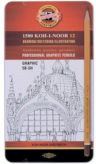 Набор чернографитных карандашей Koh-i-noor "1500 GRAPHIC" 12 шт, 5B-5H, заточенные, металлический пенал