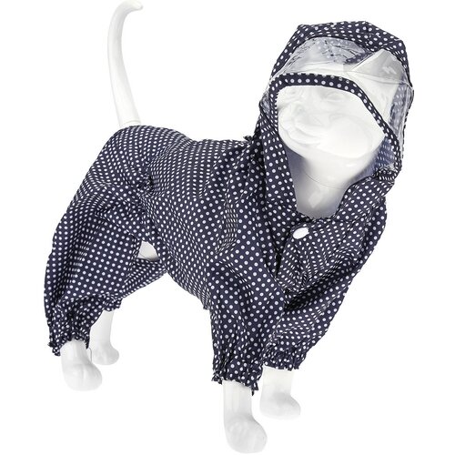 Пэт тойс (Pet toys) Одежда для собаки Комбинезон Горошек с капюшоном, прозрачный ПВХ козырек, на кнопках р-р L, длина спинки 30см/обхват груди 42см/обхват шеи 36см, цвет-темно-синий, плащевка (Китай)