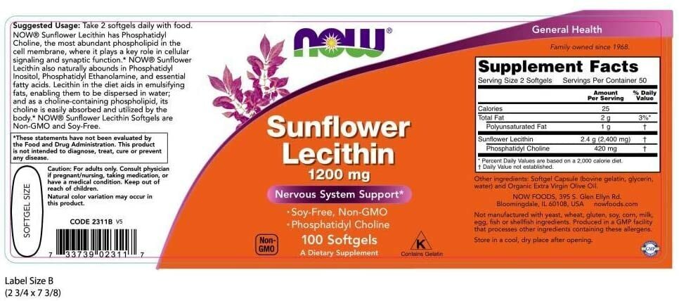 Капсулы NOW Sunflower Lecithin 1200 мг, 150 г, 1200 мг, 100 шт.