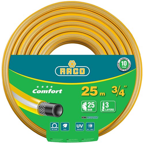 Поливочный шланг RACO Comfort 3/4, 25 атм, трёхслойный, армированный 40303-3/4 поливочный шланг raco comfort 3 4″ 50 м 25 атм трёхслойный армированный