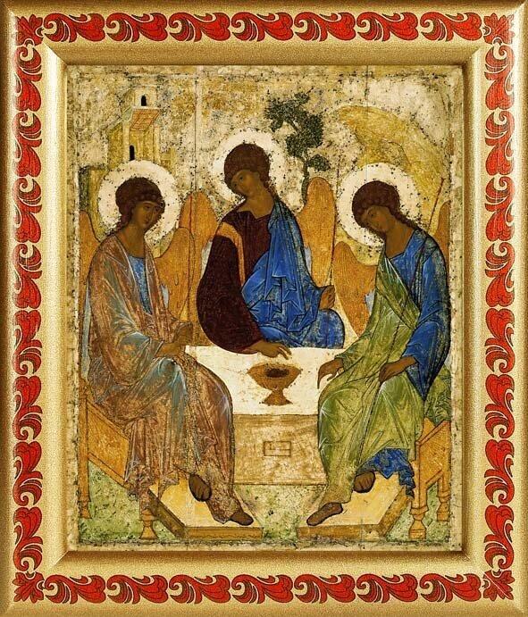 Святая Троица, Андрей Рублев, XV в, икона в рамке с узором 19*22,5 см