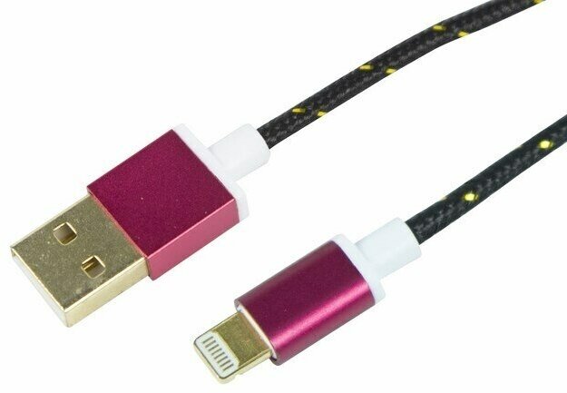 USB кабель для iPhone с разъемом Lightning (в тканевой оплетке) 1 м цвета: Черный/красный