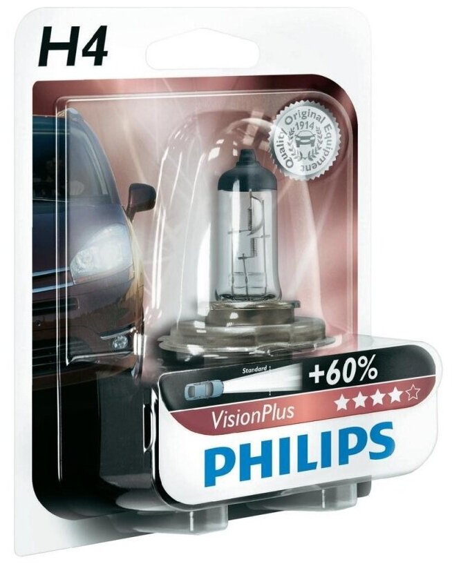 Лампа H4 (60/55W) P43t-38 Vision Plus +60% 12V 12342Vp B1 39934930 Philips арт. 12342VPB1