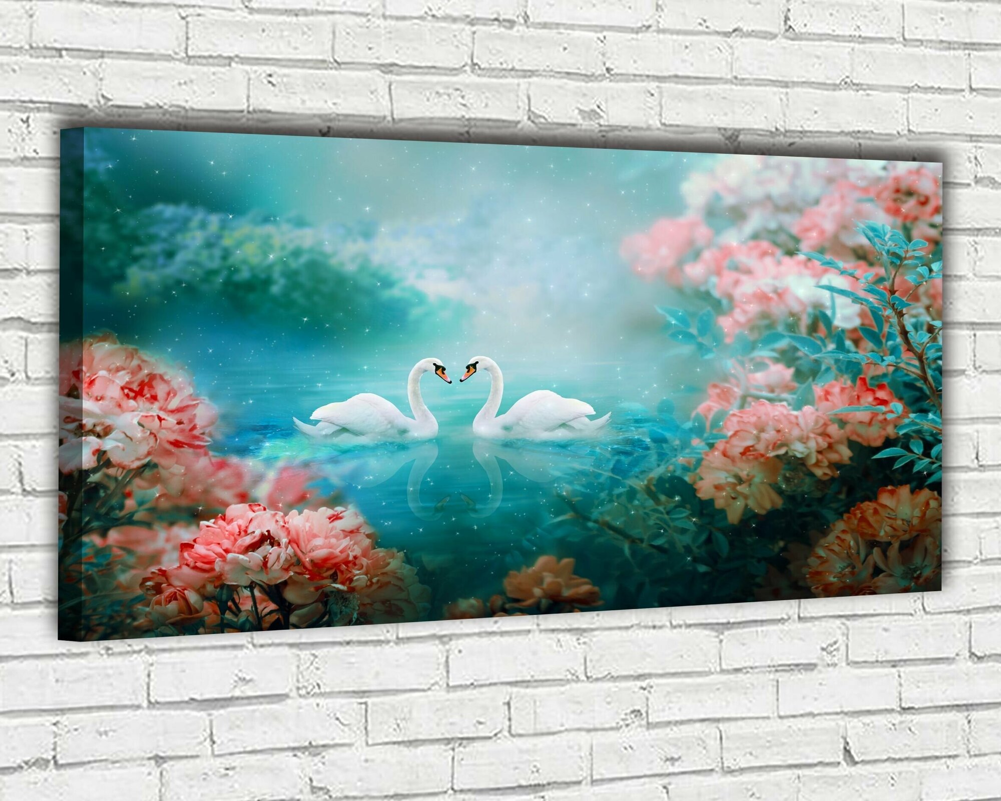 Картина для интерьера на натуральном холсте на стену "Абстракция Лебеди" 60*100 см. Ф0231 крепления в подарок