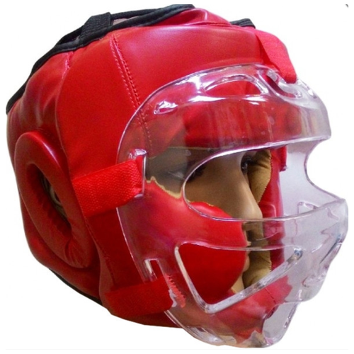 Шлем красный для единоборств и рукопашного боя с маской, размер S