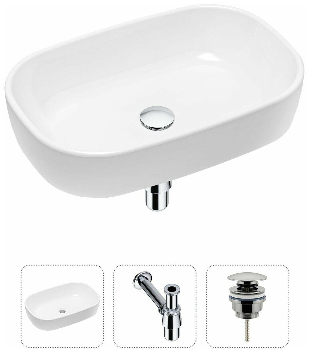 Накладная раковина в ванную Lavinia Boho Bathroom Sink 21520004 в комплекте 3 в 1: умывальник белый, донный клапан и сифон в цвете хром