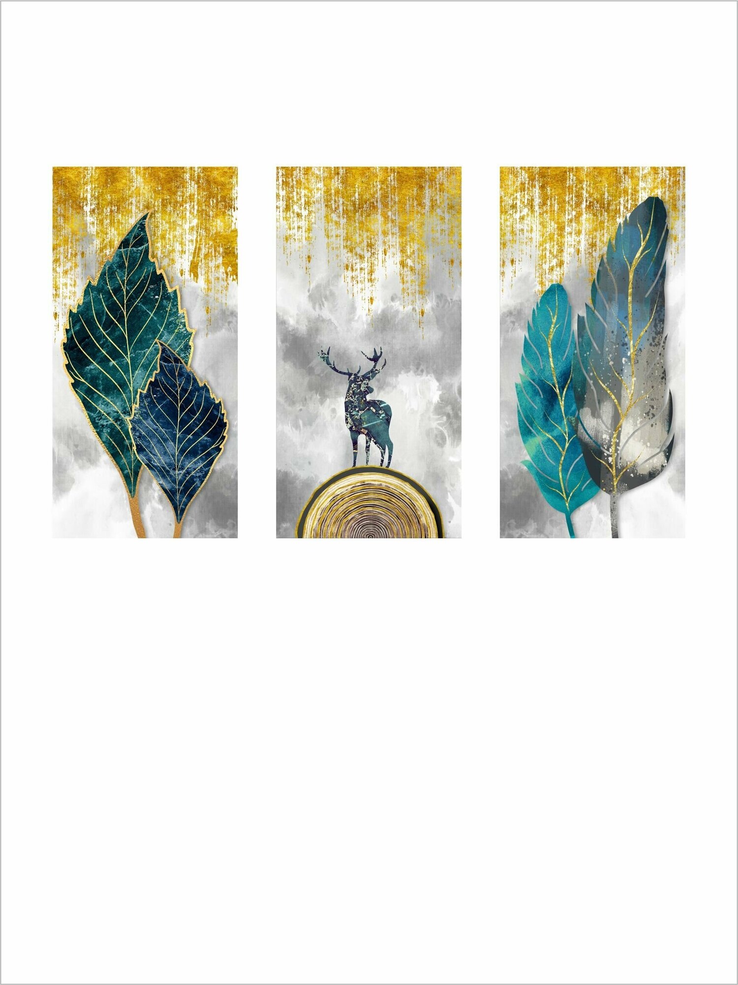 Модульная картина Art IrbisPrint Олень с перьями и листьями  40х80 см - 3 шт натуральный холст на подрамнике