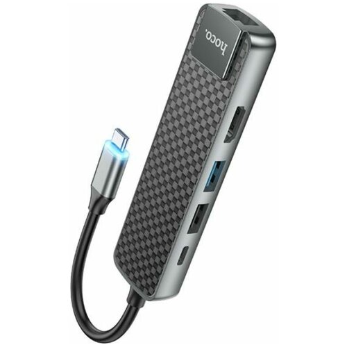 разъем usb type c для ноутбука asus c423n c423na HUB адаптер Hoco HB23 5 in 1, USB-C to USB3.0 + USB2.0 + PD60W + HDMI 4K + RJ45 металлический корпус,13 см кабель, Серый