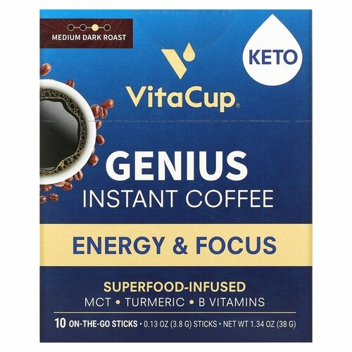 VitaCup, Genius Instant Coffee, Medium Dark Roast, 10 On-The-Go Sticks, 0.13 oz (3.8 g) Each