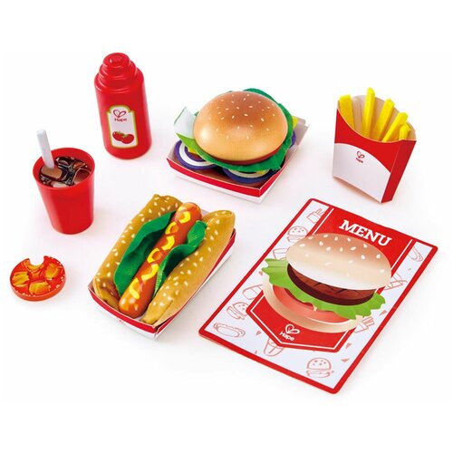 Набор посуды Hape Fast food set E3160 разноцветный милый мини гамбургер картофель фри кола миниатюрный кукольный домик фаст фуд для кукольного домика кухонные аксессуары игрушка 1 комплект