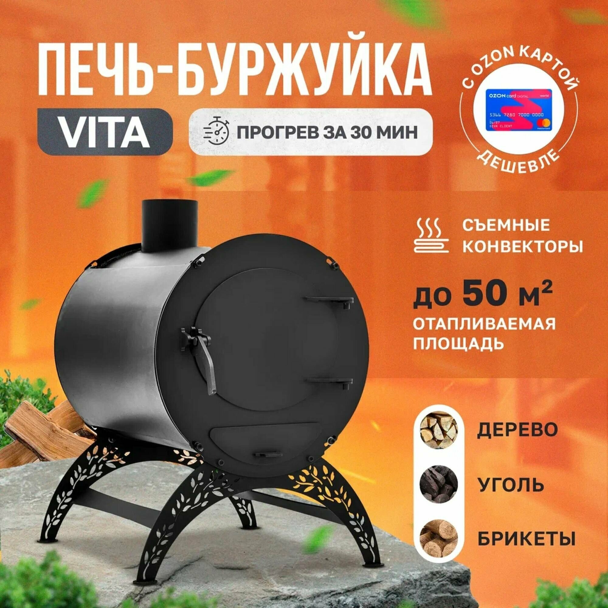 Отопительная печь-буржуйка VITA мини С конвекторами 50 м3 / дровяная печь для дома / дачи / гаража / палаток - фотография № 1