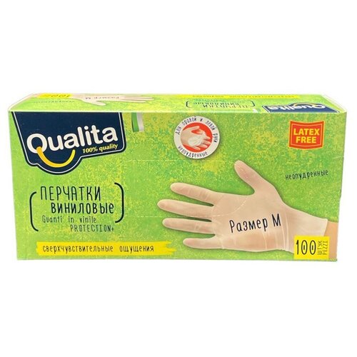 Перчатки хозяйственные QUALITA виниловые М в коробке 100шт