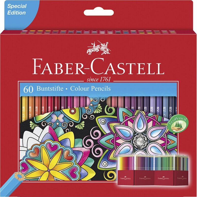 Карандаши цветные Faber-Castell, 60цв, заточен, картон. подставка, европодвес