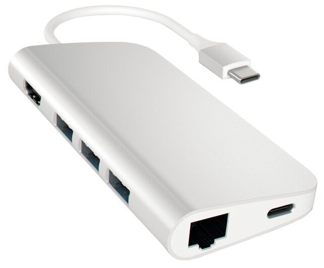 Концентратор Satechi Aluminum Multi-Port Adapter 4K ST-TCMAS интерфейс USB-C. Порты: USB Type-C, 3хUSB 3.0, 4K HDMI, Ethernet RJ-45, SD / micro-SD, се