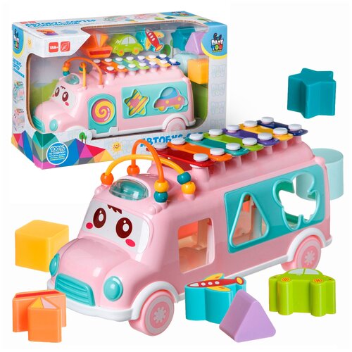 развивающая игрушка сортер весёлый автобус Игрушка-сортер разв. пласт. Автобус, Bondibon, с ксилофоном, розовый, BOX