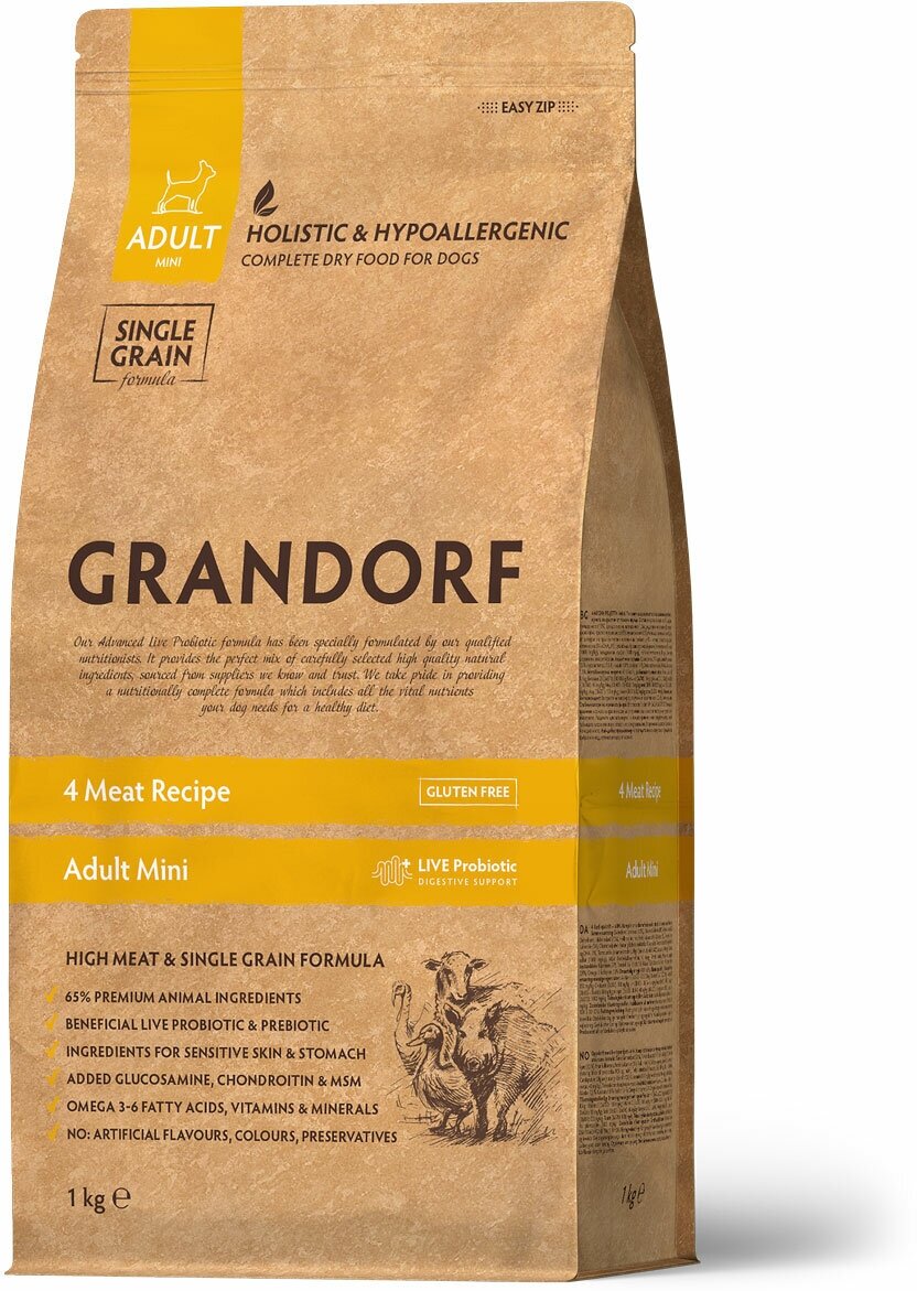Grandorf 4 Meat & Brown Rice Adult Mini 1 кг - корм четыре вида мяса и бурый рис для мелких пород взрослых собак