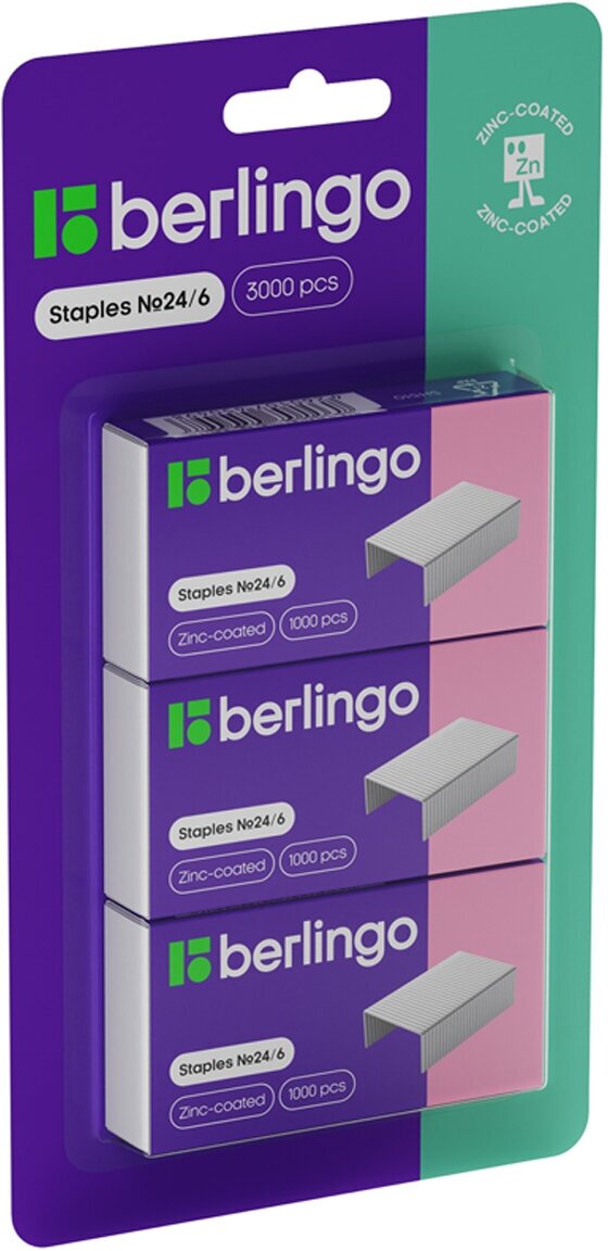 фото Скобы для степлера №24/6 Berlingo, оцинкованные, 3000шт, блистер