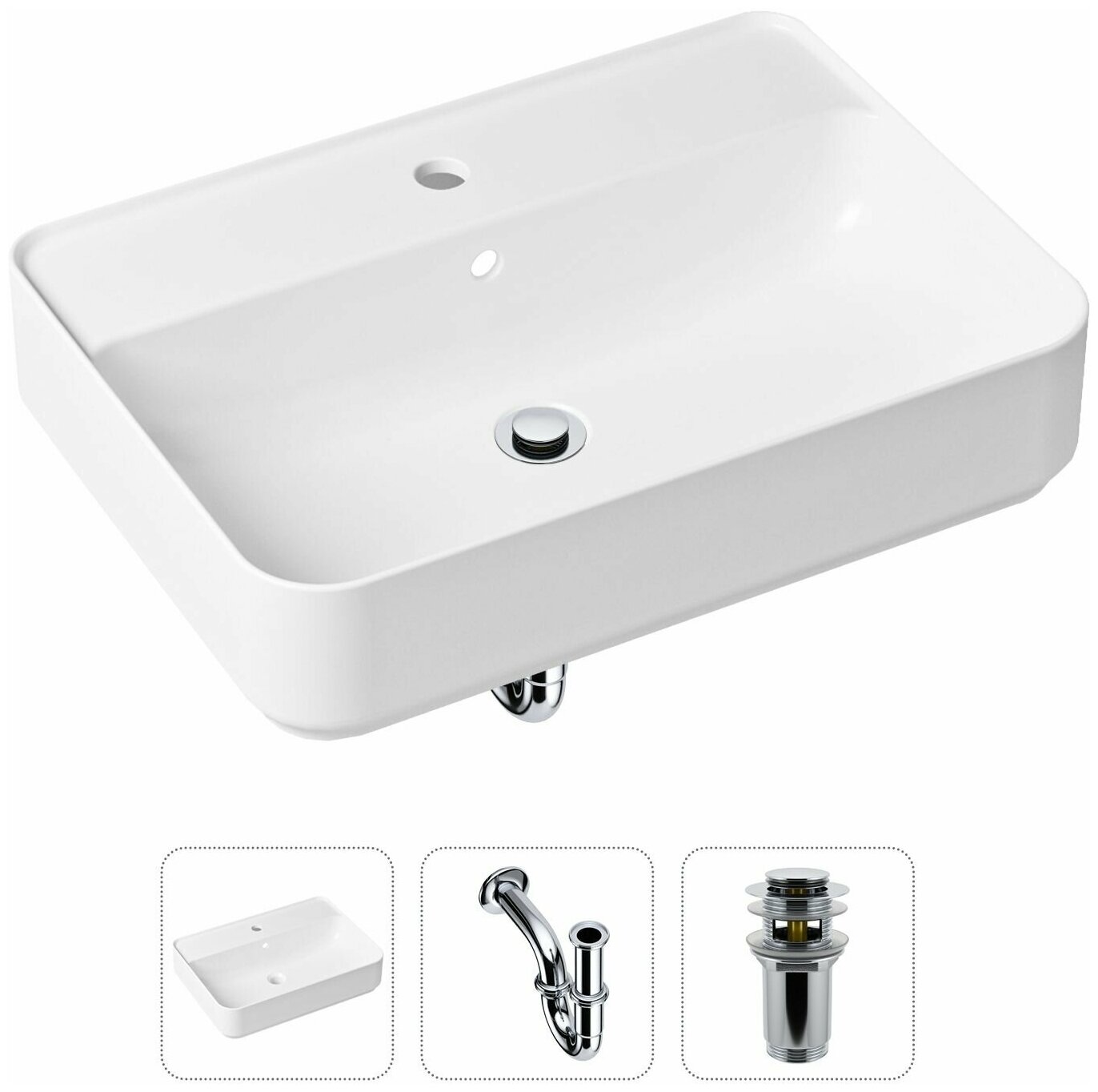 Накладная раковина в ванную Lavinia Boho Bathroom Sink Slim 21520325 в комплекте 3 в 1: умывальник белый, донный клапан и сифон в цвете хром