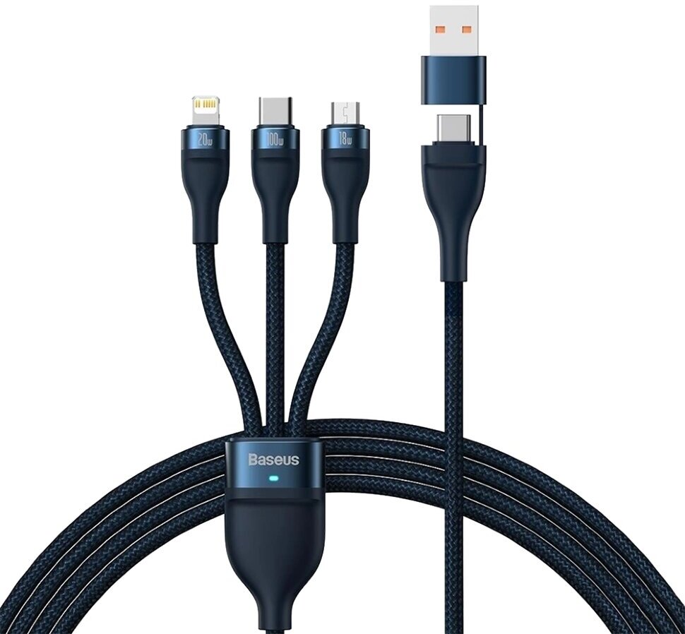 Аксессуар Baseus Flash Series II Two-for-three Charging Cable U+C to M+L+C 100W 1.2m Blue CASS030103