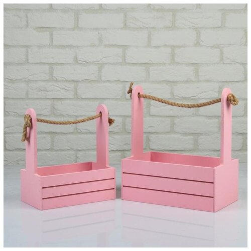 фото Набор кашпо деревянных 2 в 1 (25×15×30; 21×12×23 см) "dear", ручка канат, розовый 5309158 сима-ленд